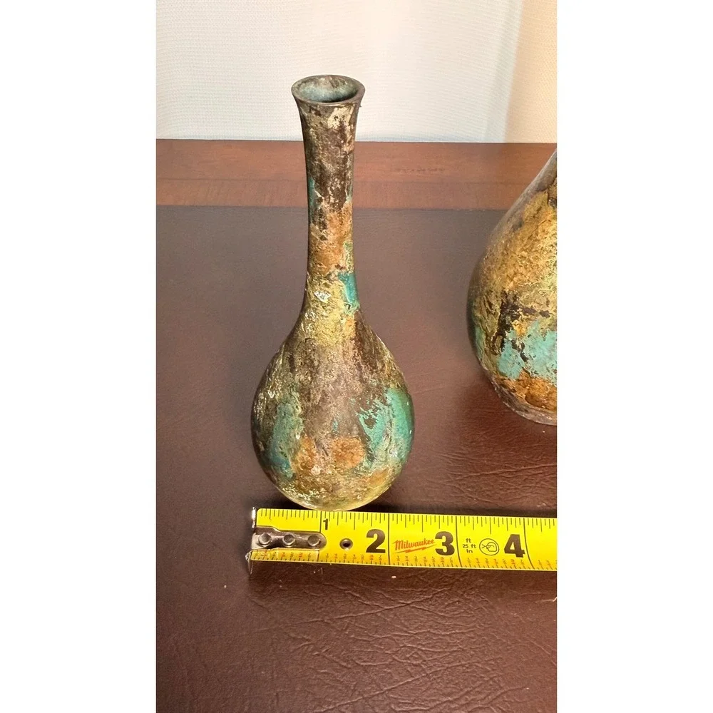 Vintage Japanese Style Patinated Bronze Solifleur Bud Vase Set Verdigris MCM